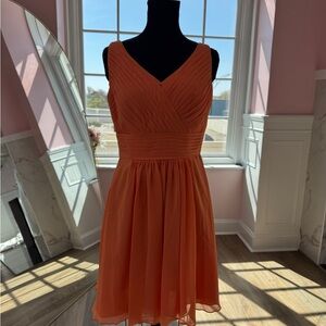 Azazie Orange Pleated Chiffon Dress Size 12 V Neck Bridesmaid Wedding Guest Flow